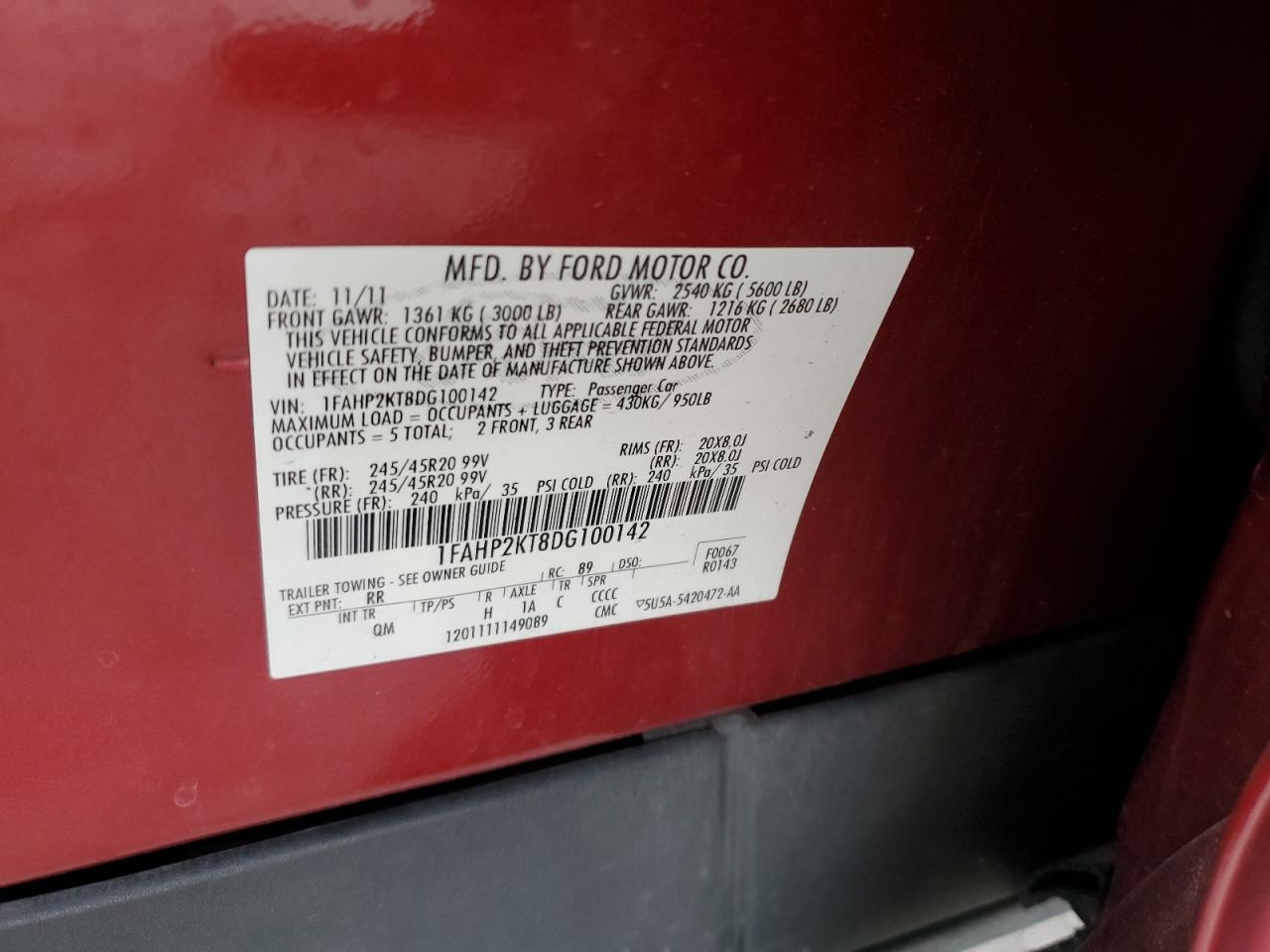 2013 Ford Taurus Sho VIN: 1FAHP2KT8DG100142 Lot: 92583995