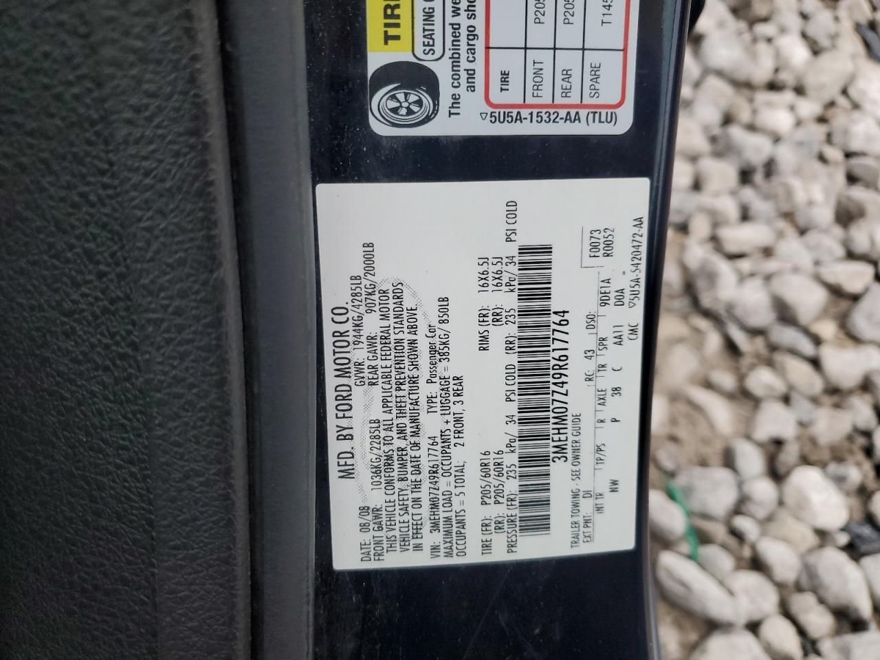 2009 Mercury Milan VIN: 3MEHM07Z49R617764 Lot: 90974195