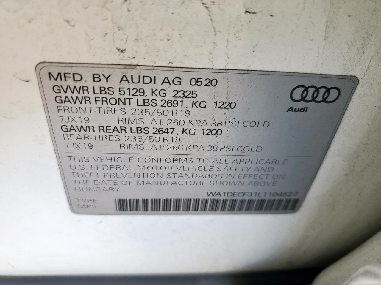 2020 Audi Q3 Premium S Line VIN: WA1DECF31L1104527 Lot: 92433455