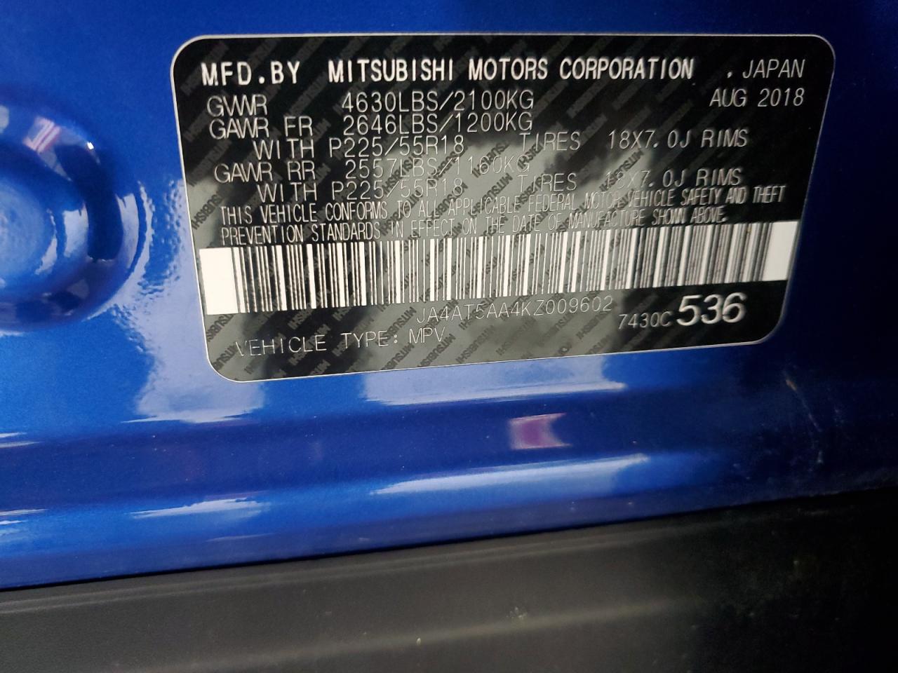 2019 Mitsubishi Eclipse Cross Se VIN: JA4AT5AA4KZ009602 Lot: 93240975