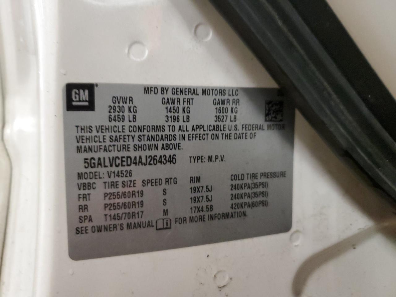 2010 Buick Enclave Cxl VIN: 5GALVCED4AJ264346 Lot: 90837325