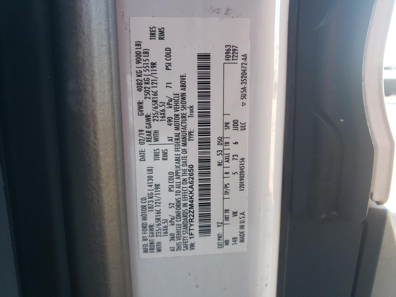 2019 Ford Transit T-250 VIN: 1FTYR2ZM4KKA62650 Lot: 91603235