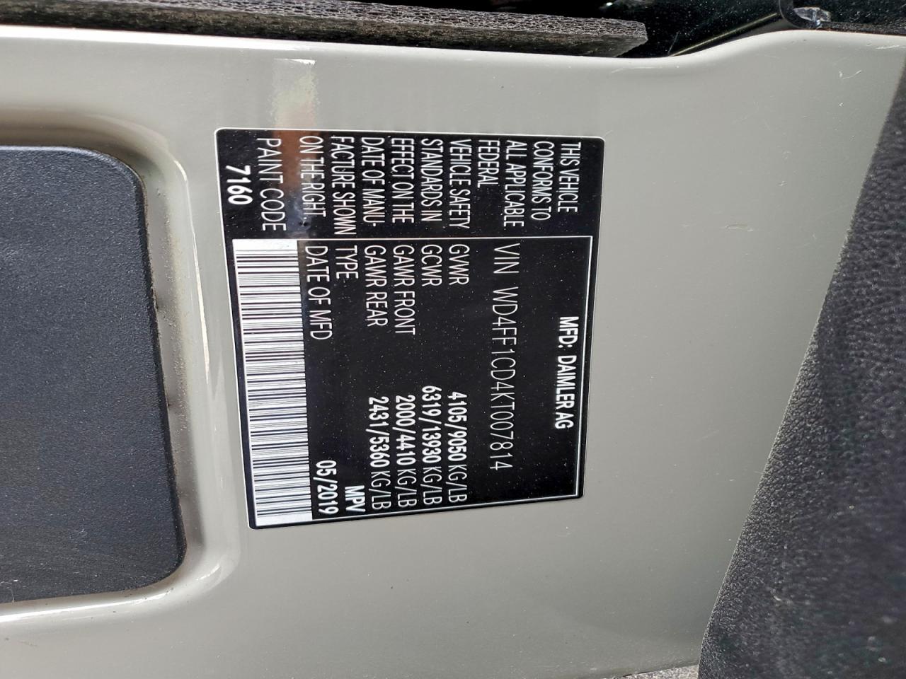 2019 Mercedes-Benz Sprinter 2500/3500 VIN: WD4FF1CD4KT007814 Lot: 92938925