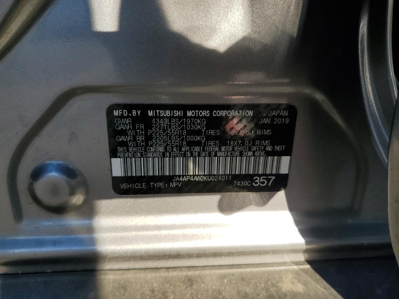 2019 Mitsubishi Outlander Sport Se VIN: JA4AP4AW2KU024011 Lot: 91837105