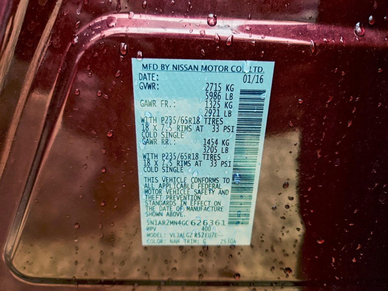 2016 Nissan Pathfinder S VIN: 5N1AR2MN4GC626361 Lot: 93851315