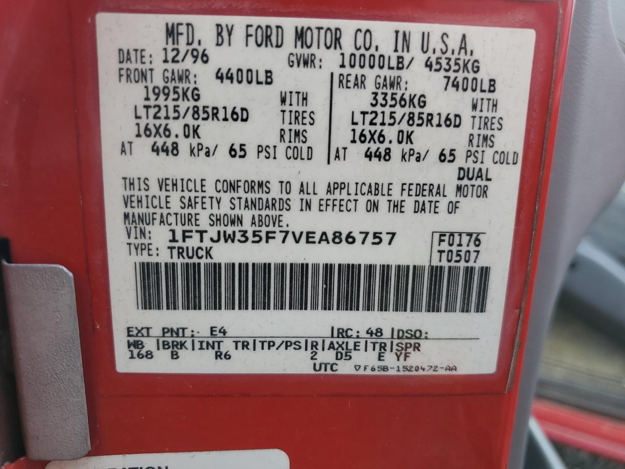 1997 Ford F350 VIN: 1FTJW35F7VEA86757 Lot: 93198895