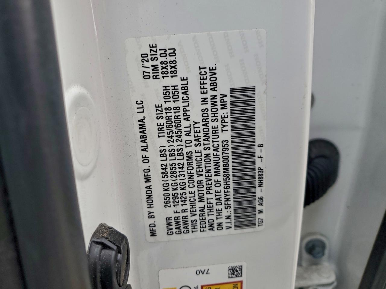 2021 Honda Pilot Exl VIN: 5FNYF6H58MB007953 Lot: 92755395