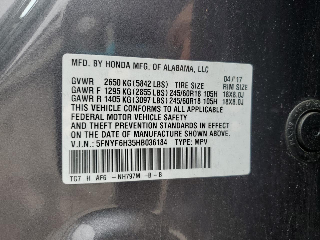 2017 Honda Pilot Ex VIN: 5FNYF6H35HB036184 Lot: 91027055