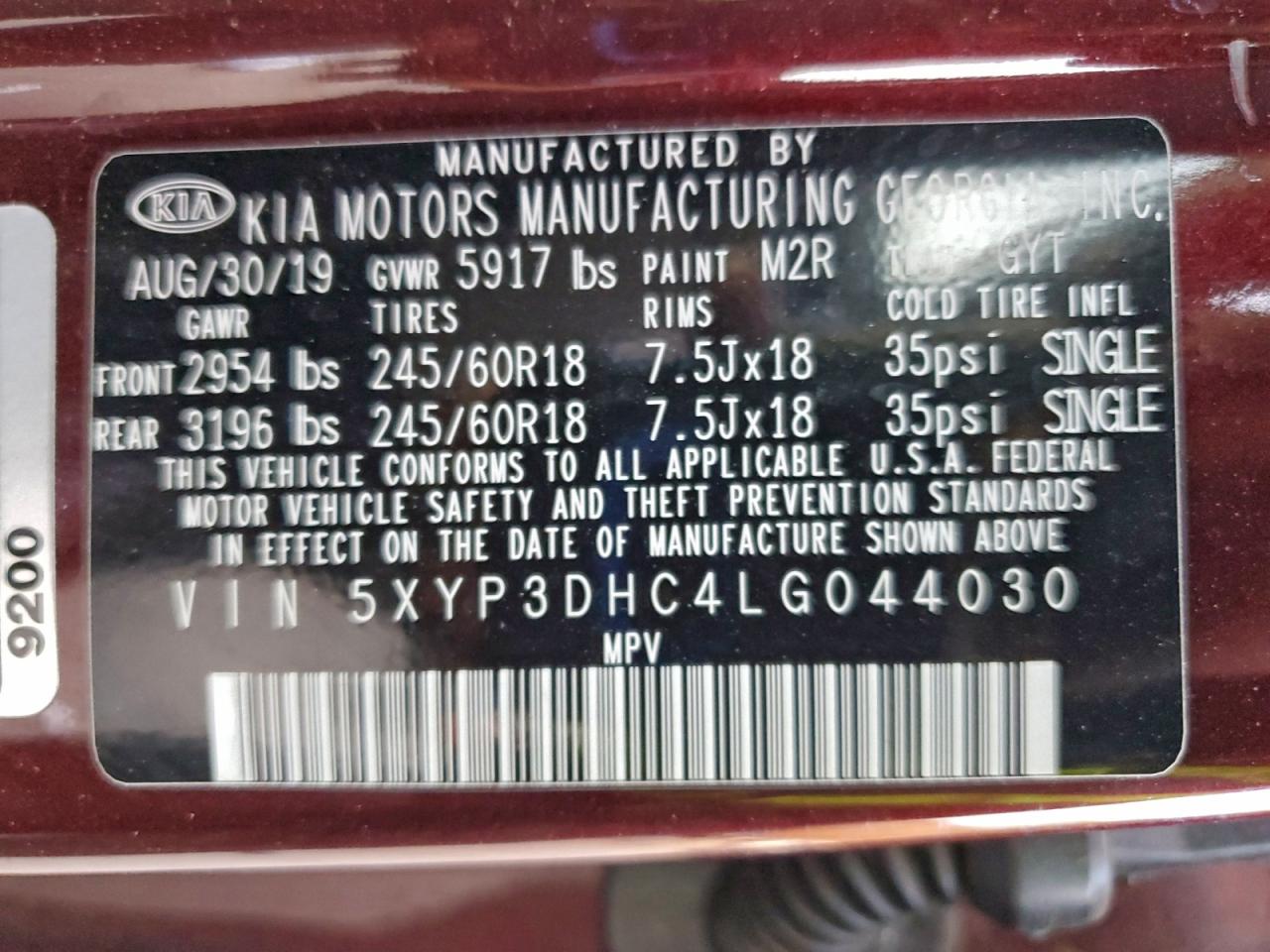 2020 Kia Telluride Ex VIN: 5XYP3DHC4LG044030 Lot: 93310735