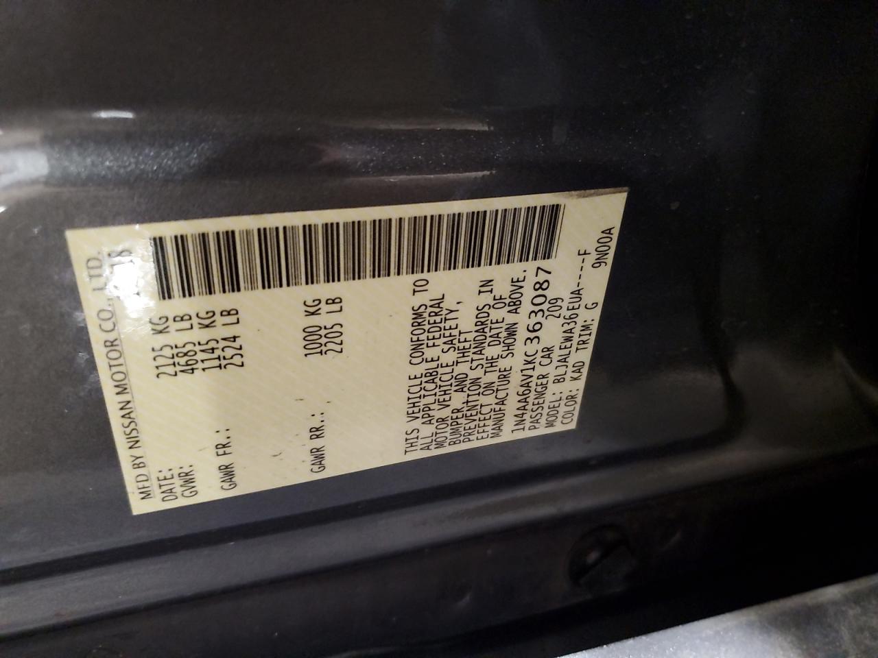 2019 Nissan Maxima S VIN: 1N4AA6AV1KC363087 Lot: 93556115