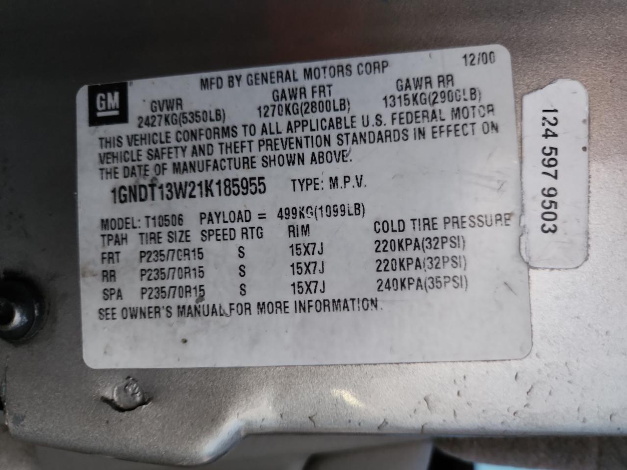 2001 Chevrolet Blazer VIN: 1GNDT13W21K185955 Lot: 92304785