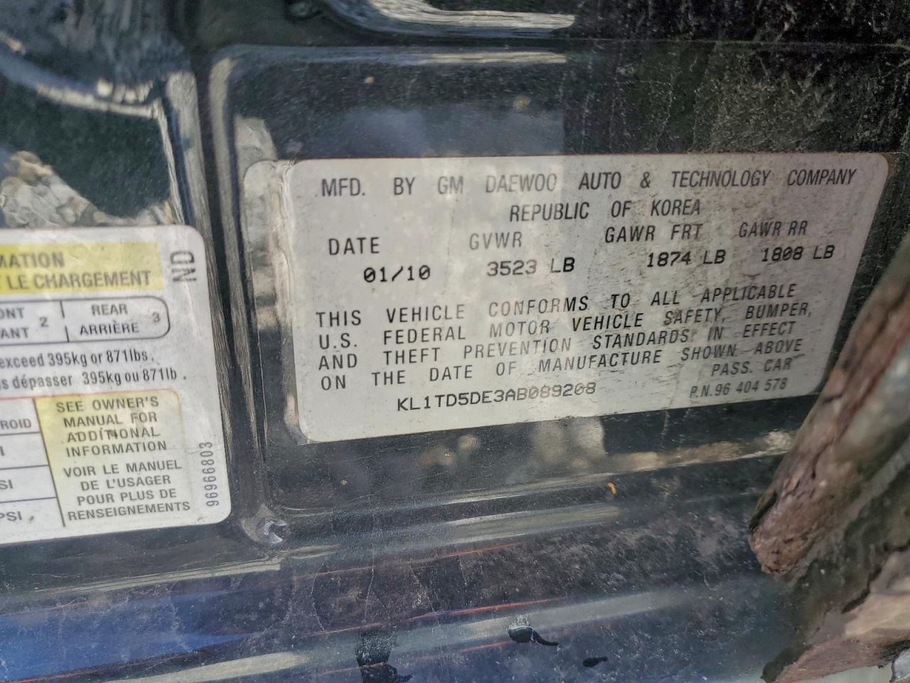 2010 Chevrolet Aveo Ls VIN: KL1TD5DE3AB089208 Lot: 93421325