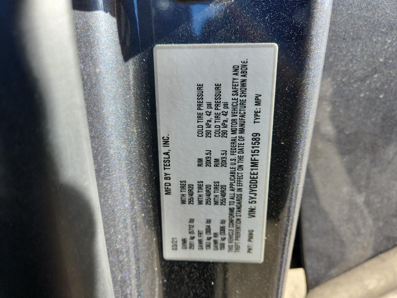 2021 Tesla Model Y VIN: 5YJYGDEE1MF151589 Lot: 92907095