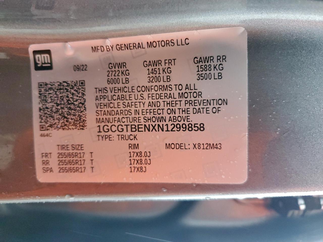 2022 Chevrolet Colorado VIN: 1GCGTBENXN1299858 Lot: 93680655