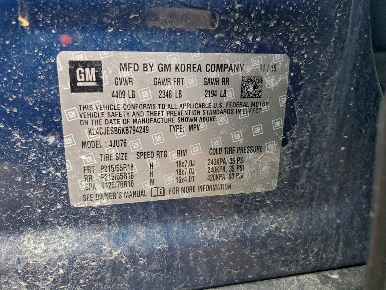 2019 Buick Encore Preferred VIN: KL4CJESB6KB794249 Lot: 94117125