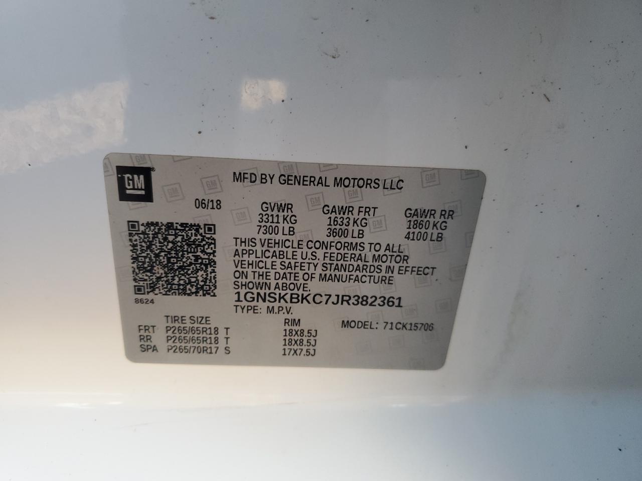 2018 Chevrolet Tahoe K1500 Lt VIN: 1GNSKBKC7JR382361 Lot: 91915685