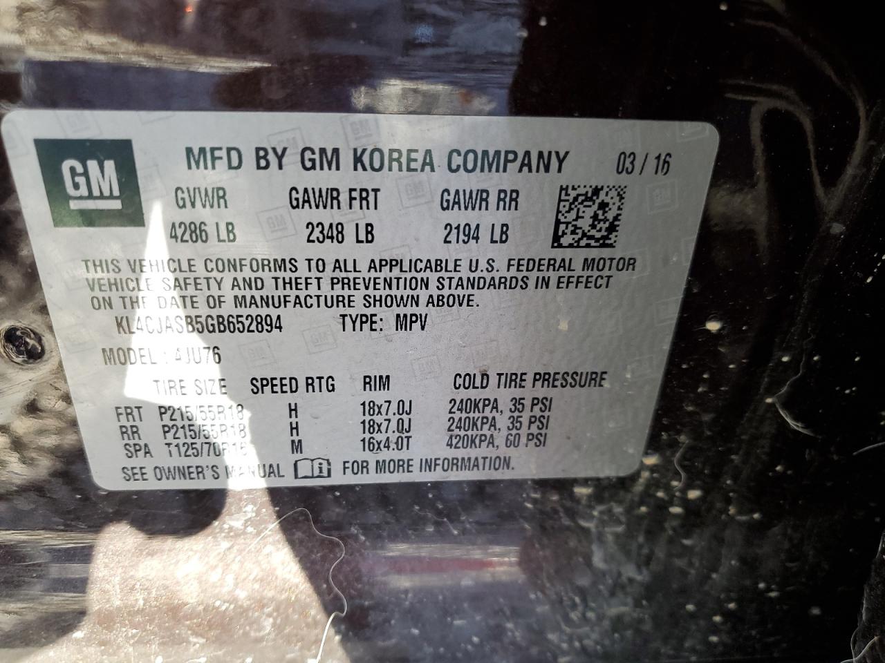 2016 Buick Encore VIN: KL4CJASB5GB652894 Lot: 91303475