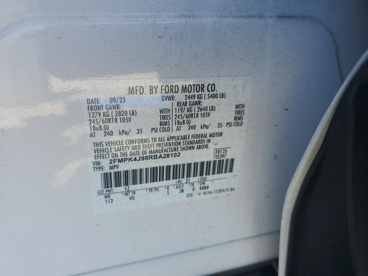 2024 Ford Edge Sel VIN: 2FMPK4J98RBA28102 Lot: 92654625