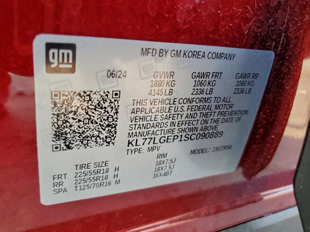 2025 Chevrolet Trax 1Rs VIN: KL77LGEP1SC090889 Lot: 93435825