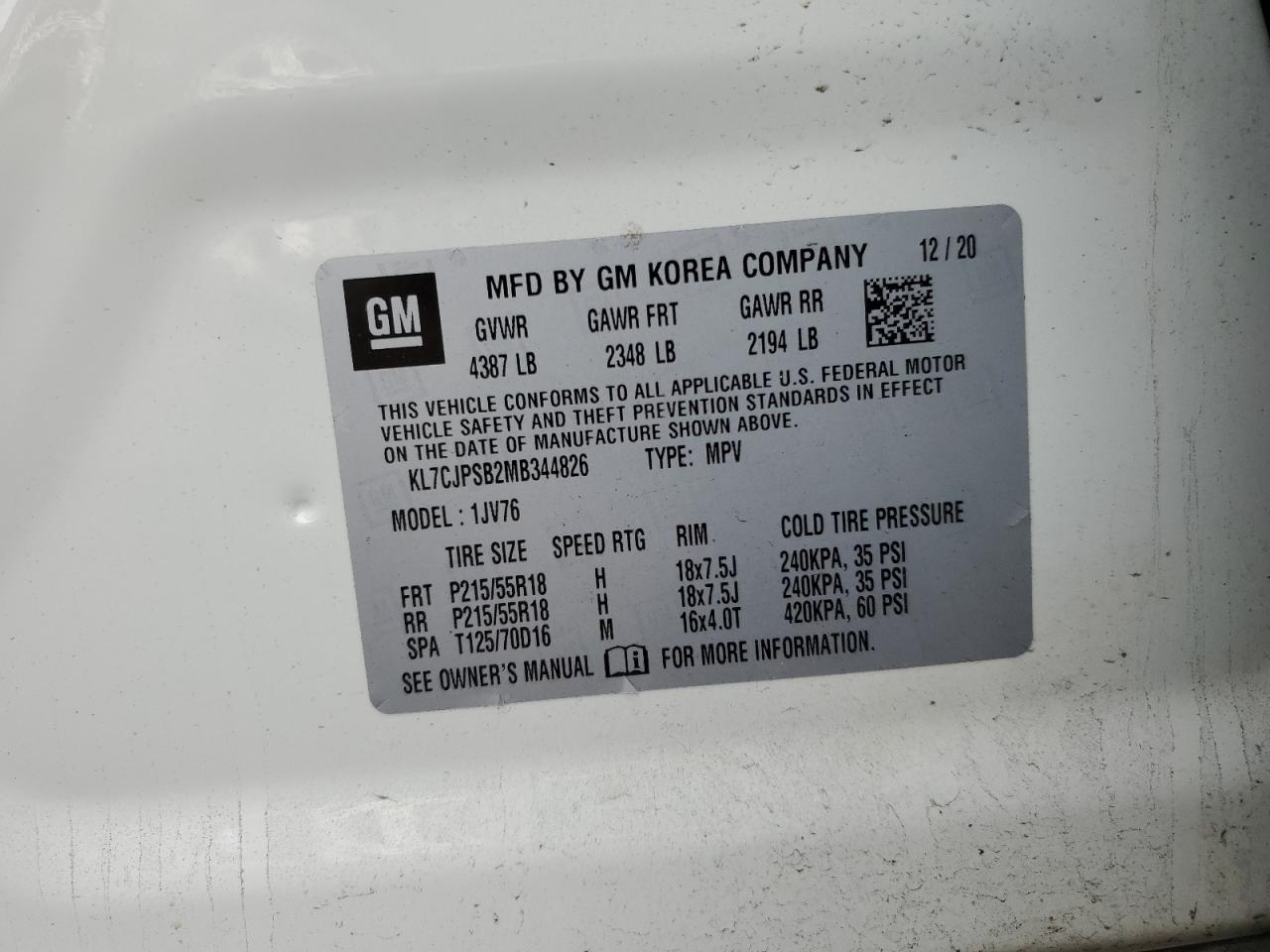 2021 Chevrolet Trax 1Lt VIN: KL7CJPSB2MB344826 Lot: 91129445