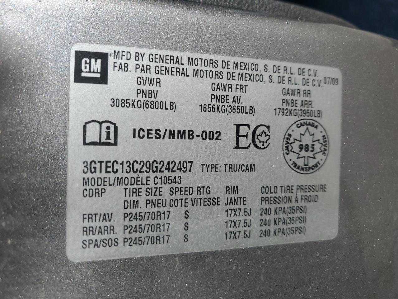 2009 GMC Sierra C1500 VIN: 3GTEC13C29G242497 Lot: 92632145