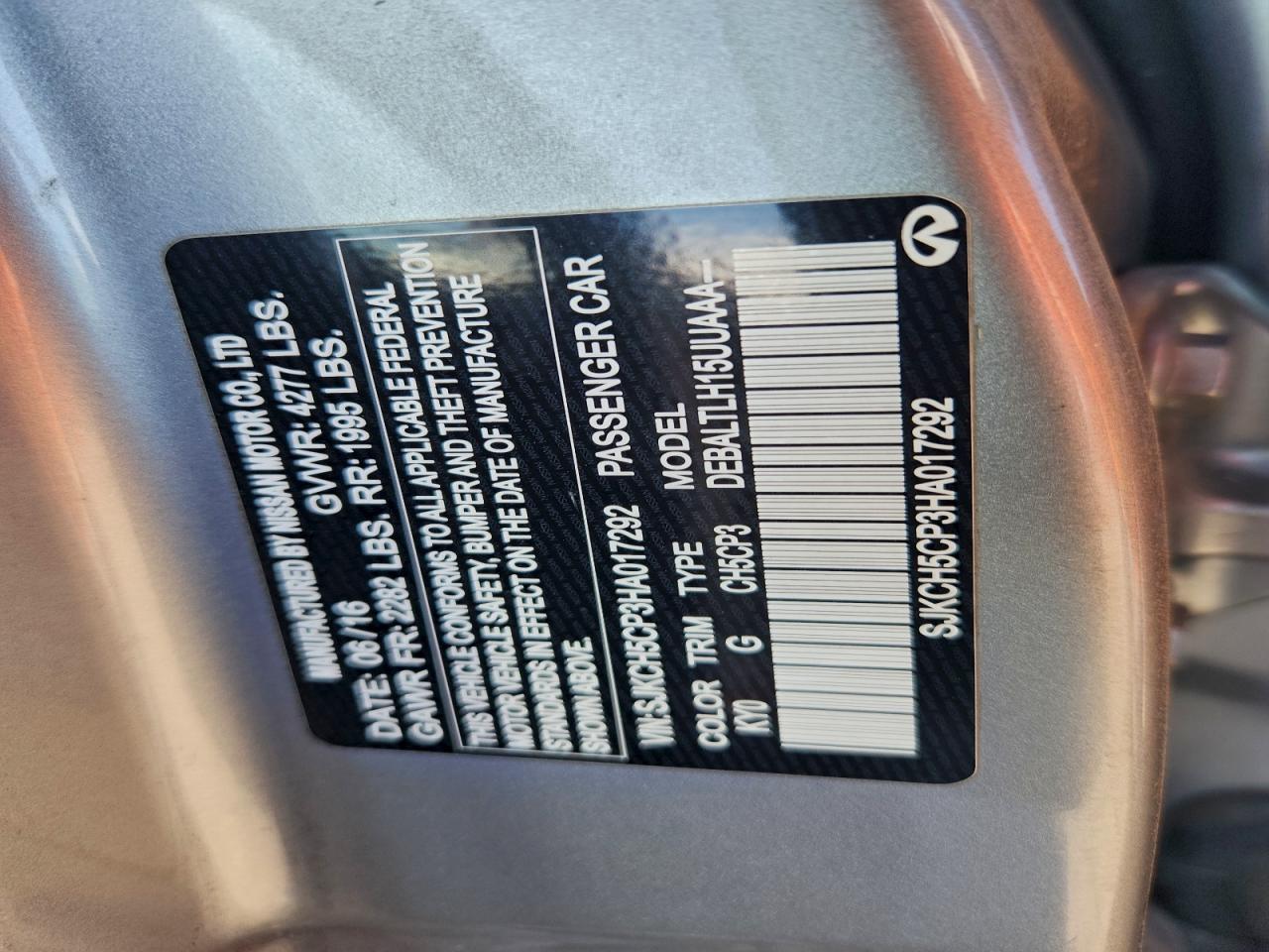 2017 Infiniti Qx30 Base VIN: SJKCH5CP3HA017292 Lot: 93930435