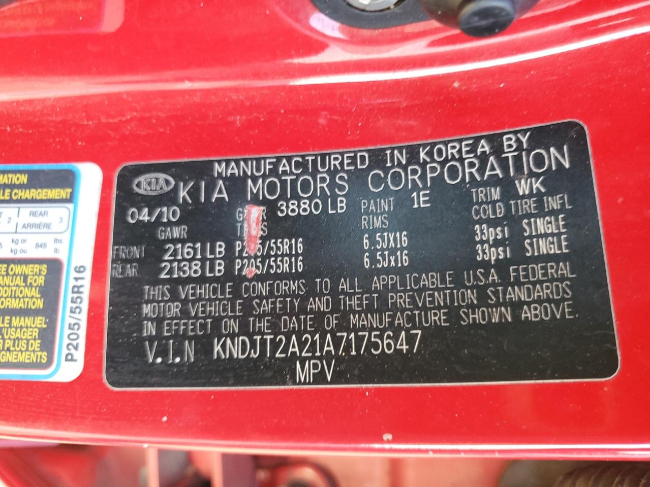 2010 Kia Soul + VIN: KNDJT2A21A7175647 Lot: 92050185