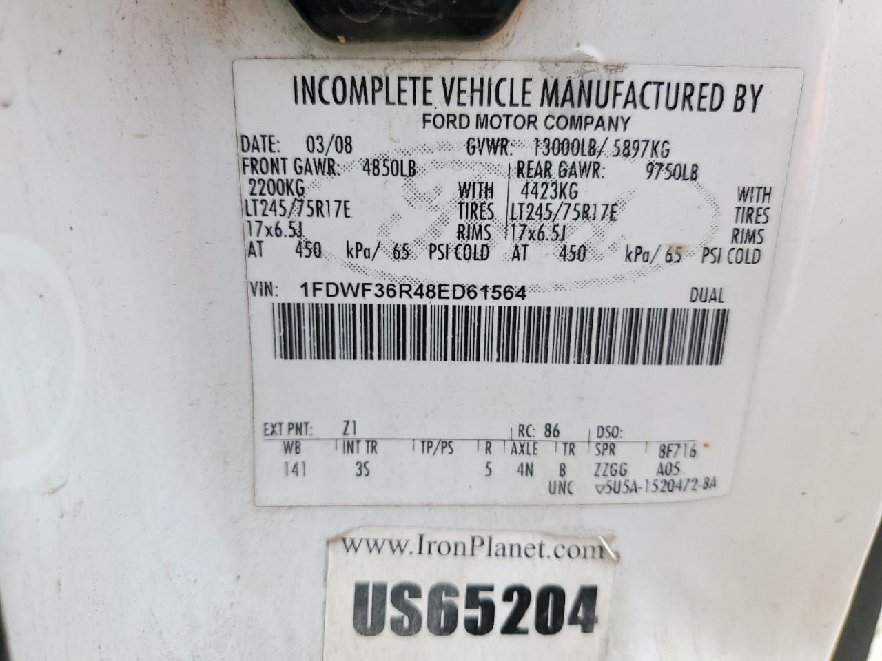 2008 Ford F350 Flatbed Truck VIN: 1FDWF36R48ED61564 Lot: 93484675