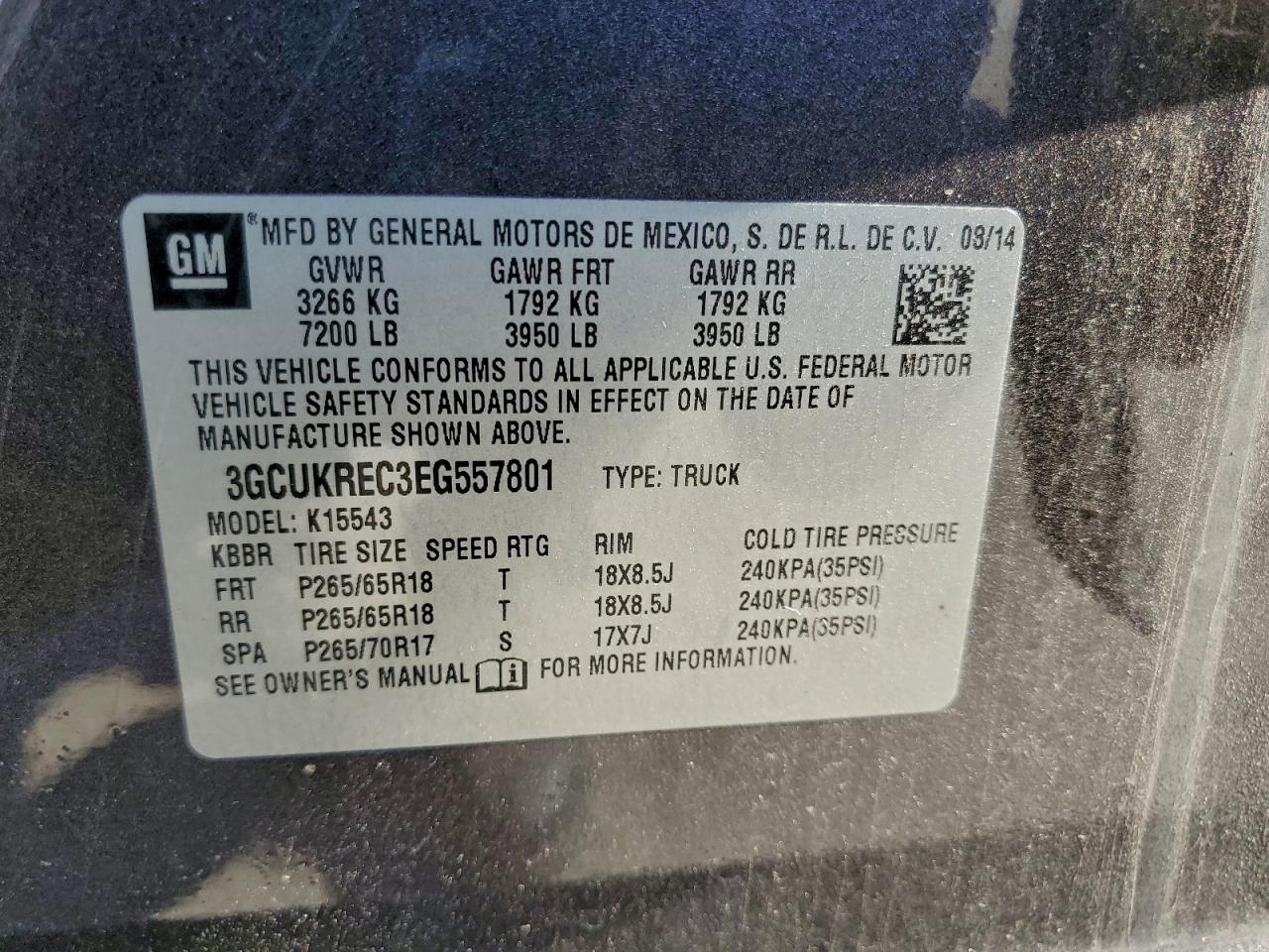 2014 Chevrolet Silverado K1500 Lt VIN: 3GCUKREC3EG557801 Lot: 94002345