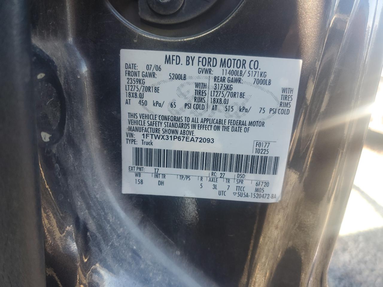 2007 Ford F350 Srw Super Duty VIN: 1FTWX31P67EA72093 Lot: 92633155