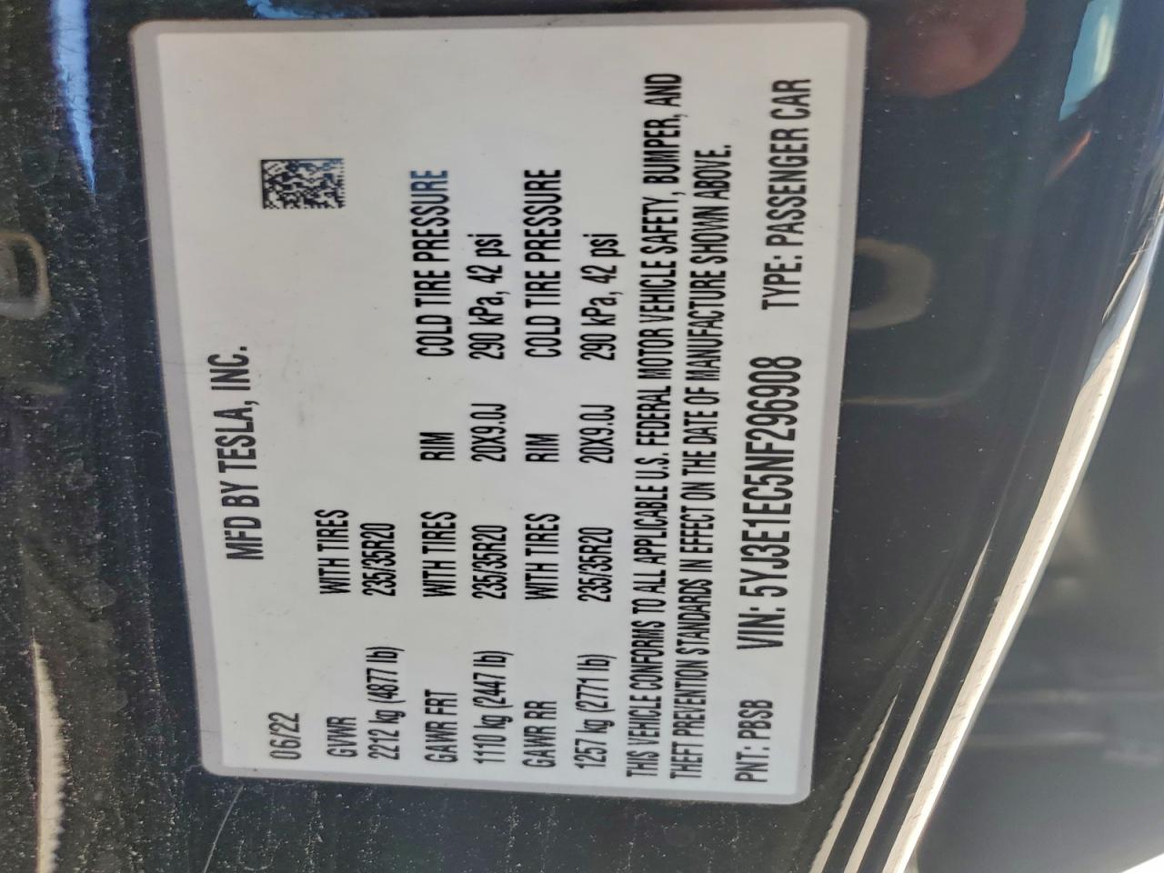 2022 Tesla Model 3 VIN: 5YJ3E1EC5NF296908 Lot: 94099385