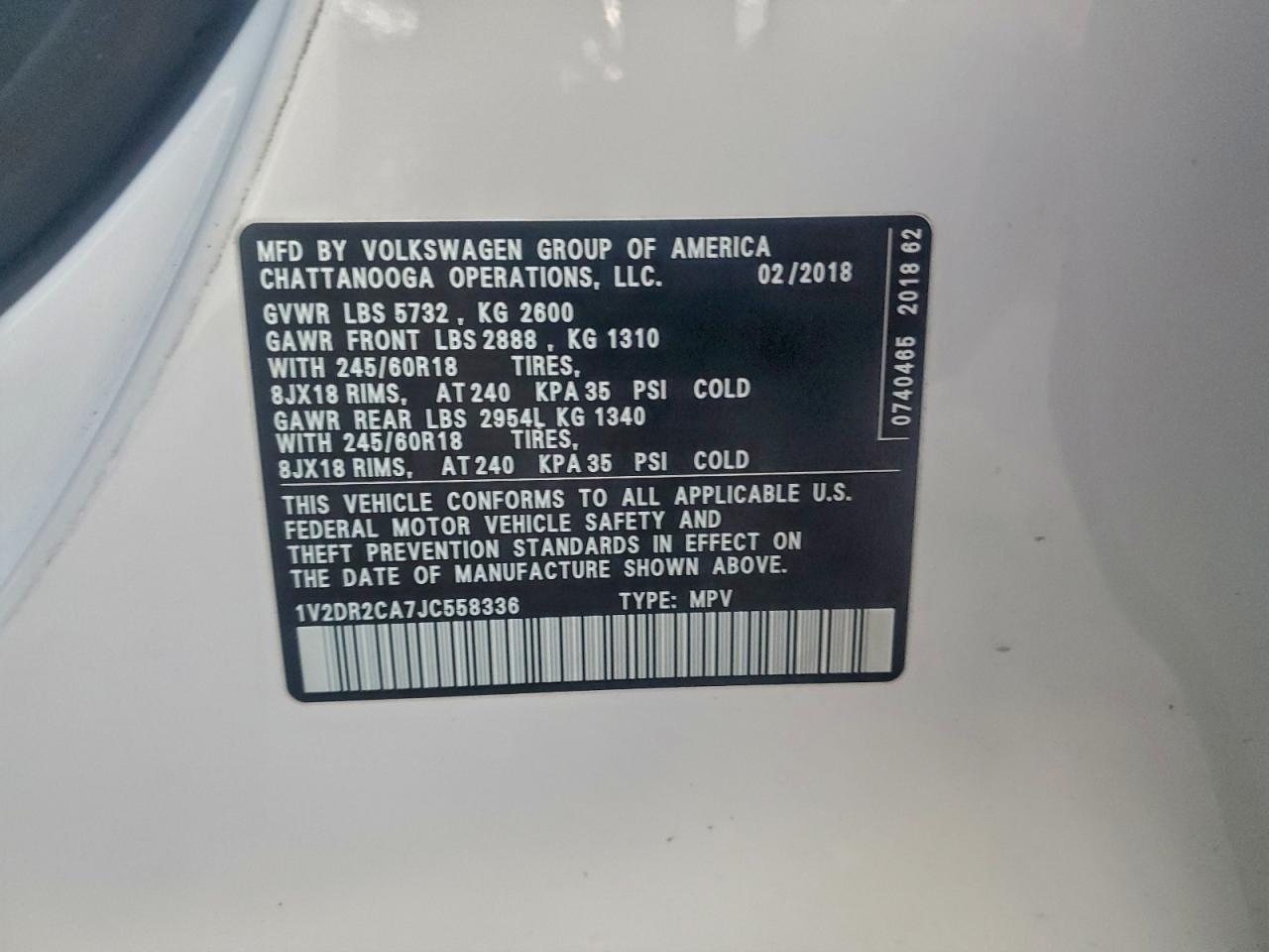 2018 Volkswagen Atlas Se VIN: 1V2DR2CA7JC558336 Lot: 94747855