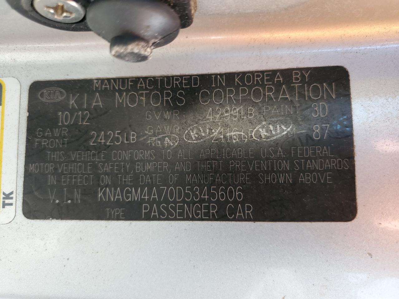 2013 Kia Optima Lx VIN: KNAGM4A70D5345606 Lot: 93283355