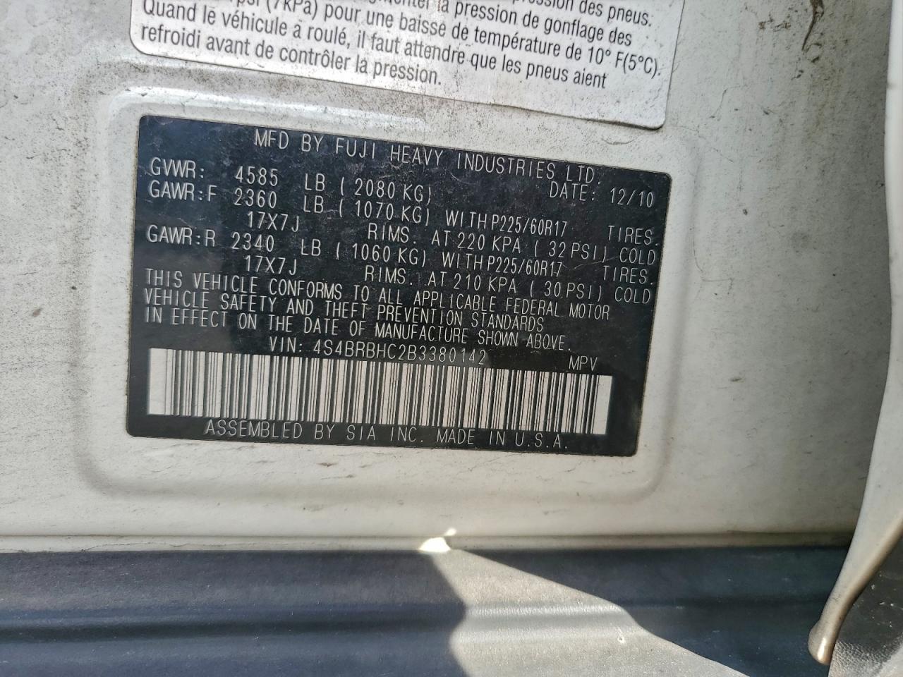 2011 Subaru Outback 2.5I Premium VIN: 4S4BRBHC2B3380142 Lot: 94467905