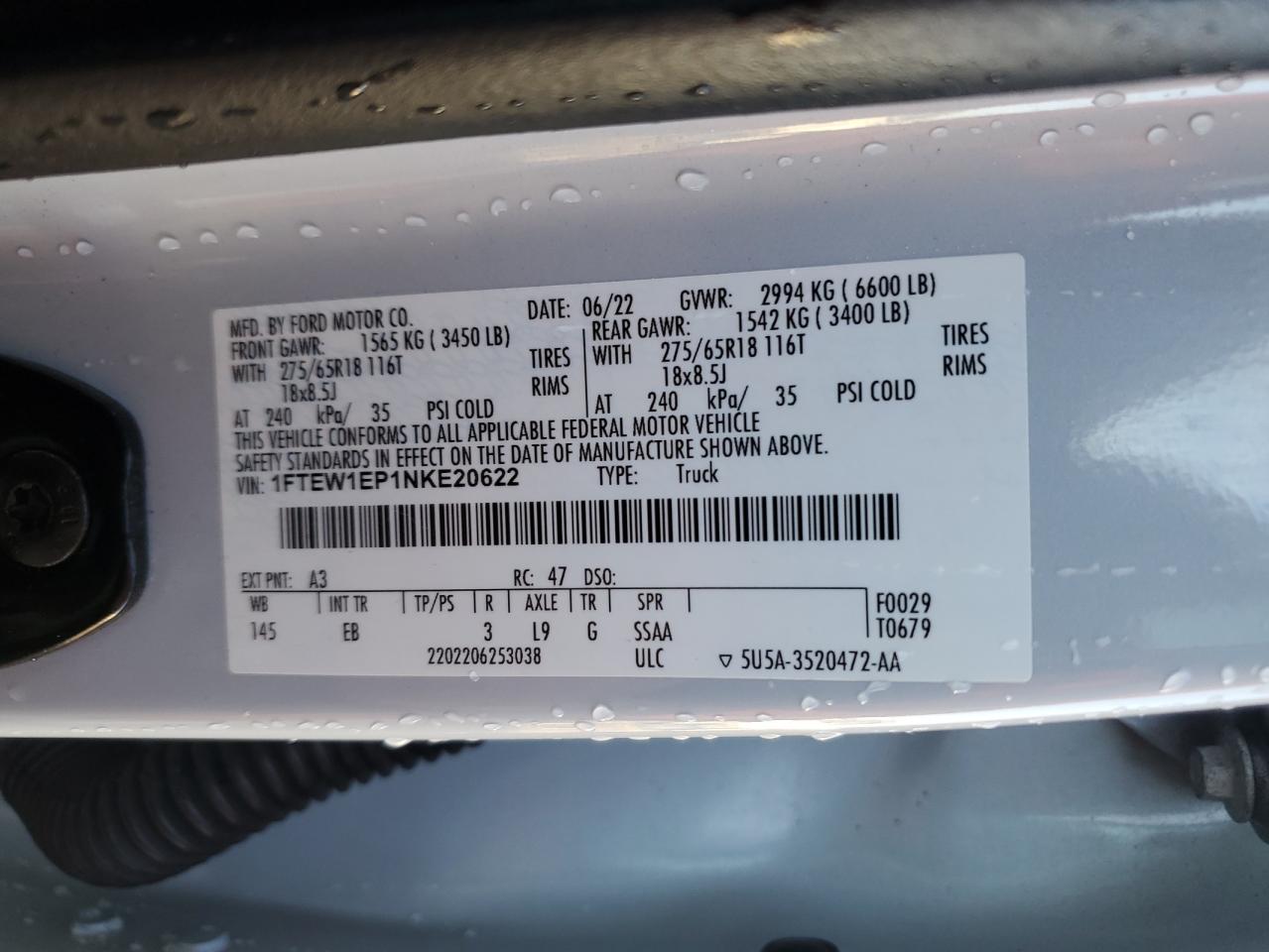 2022 Ford F150 Supercrew VIN: 1FTEW1EP1NKE20622 Lot: 92903995