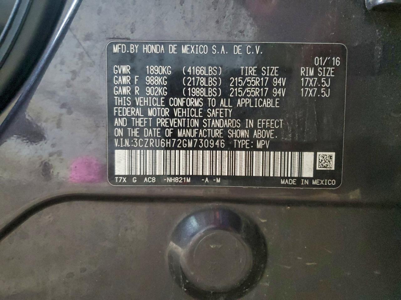 2016 Honda Hr-V Exl VIN: 3CZRU6H72GM730946 Lot: 94431795