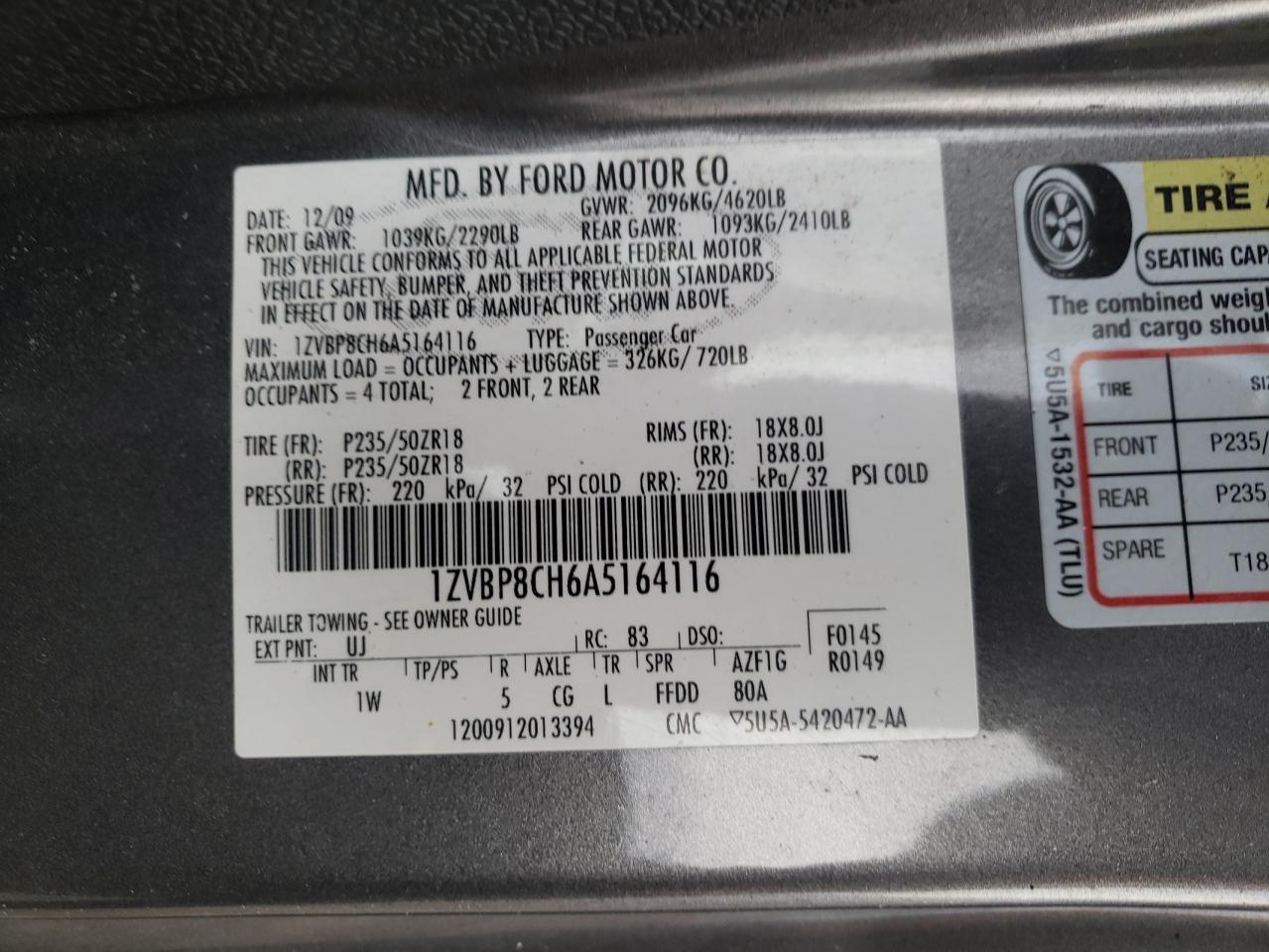 2010 Ford Mustang Gt VIN: 1ZVBP8CH6A5164116 Lot: 92296695