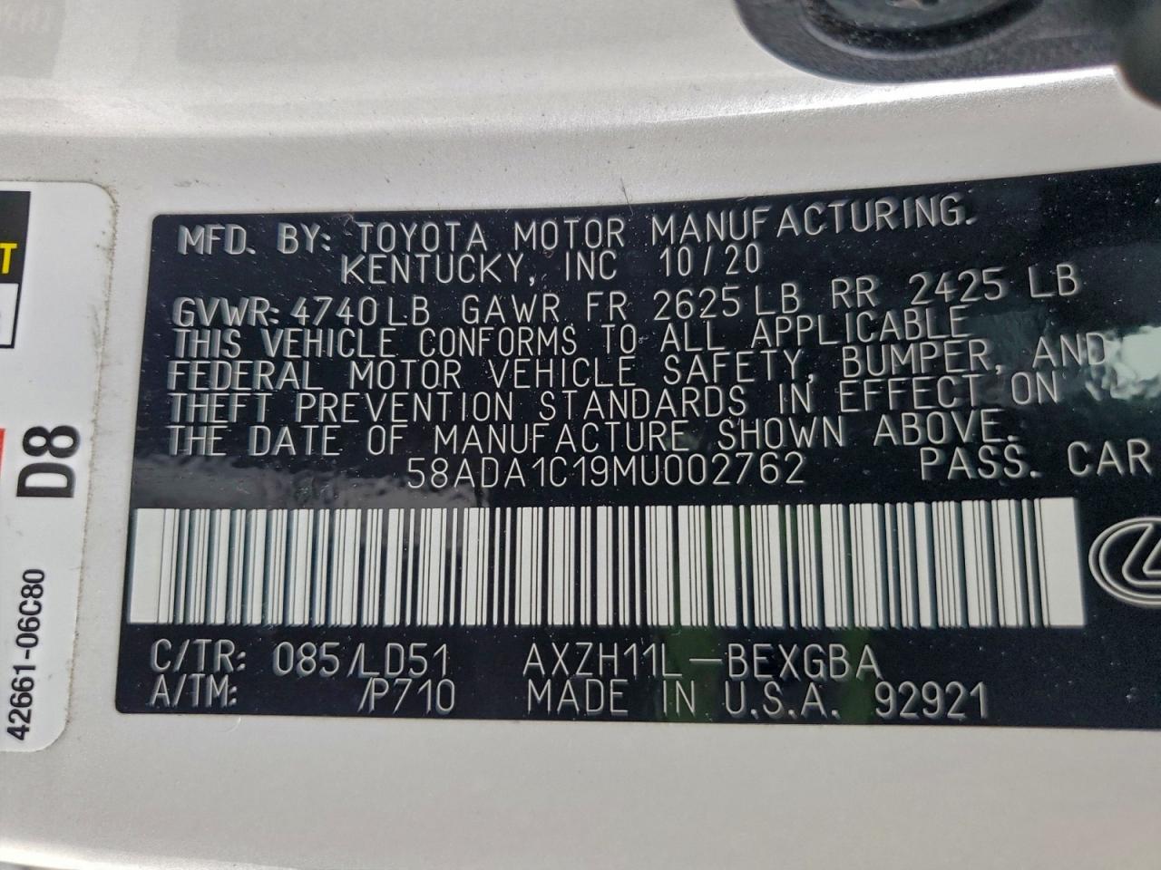 2021 Lexus Es 300H VIN: 58ADA1C19MU002762 Lot: 93932135