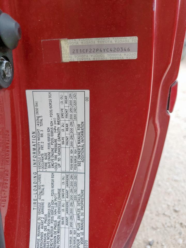 2000 Toyota Camry Solara Se VIN: 2T1CF22P4YC420346 Lot: 93116565