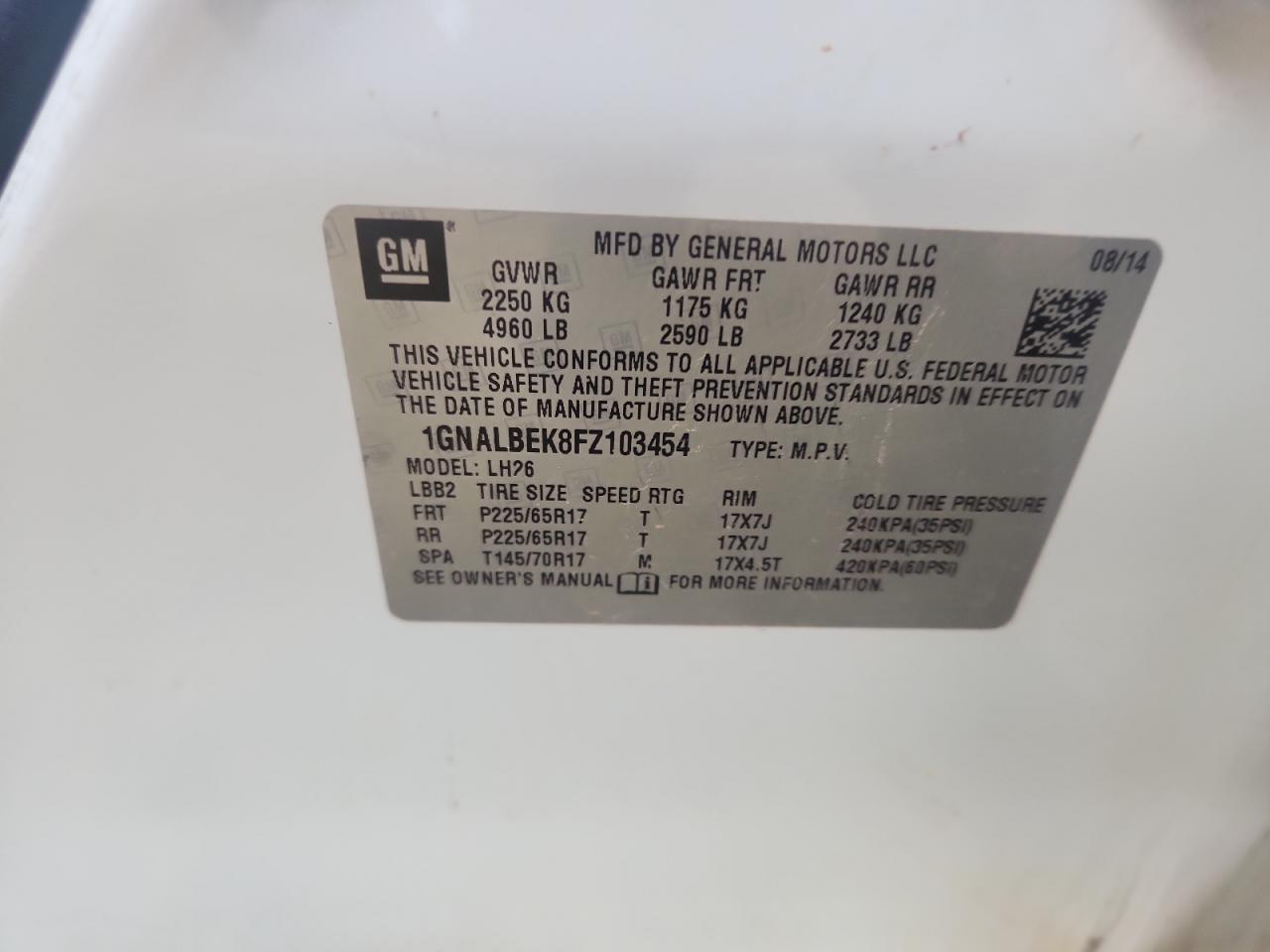 2015 Chevrolet Equinox Lt VIN: 1GNALBEK8FZ103454 Lot: 92663165