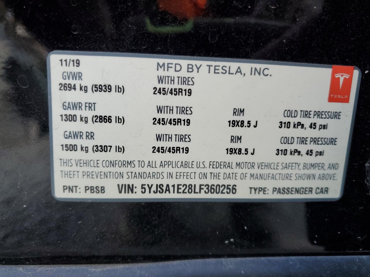 2020 Tesla Model S VIN: 5YJSA1E28LF360256 Lot: 91121165