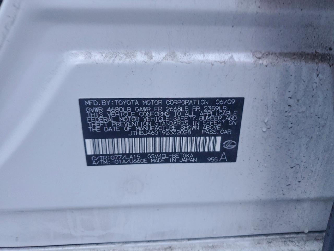 2009 Lexus Es 350 VIN: JTHBJ46G192332028 Lot: 93286585