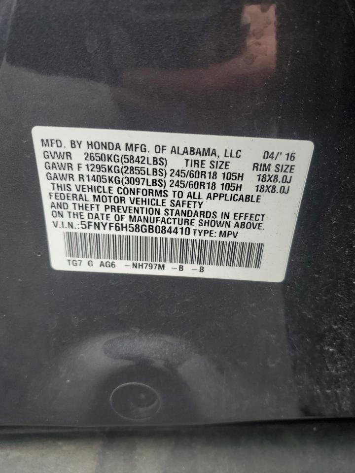 2016 Honda Pilot Exl VIN: 5FNYF6H58GB084410 Lot: 91792205