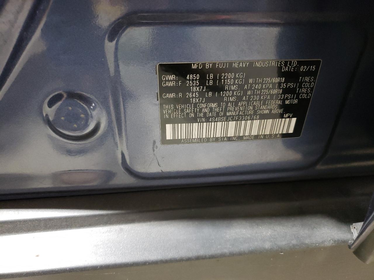 2015 Subaru Outback 3.6R Limited VIN: 4S4BSEJC7F3306768 Lot: 93570765