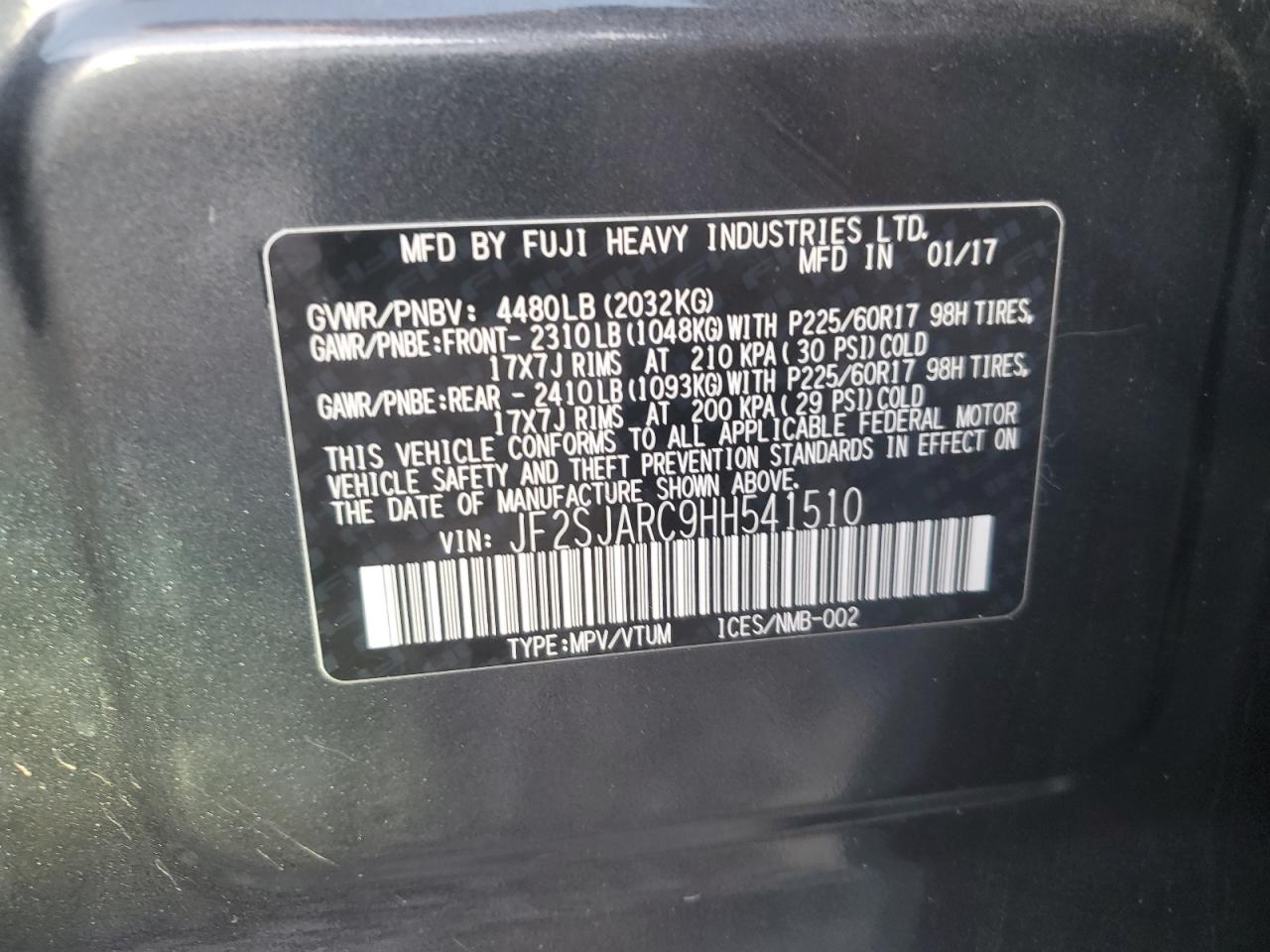 2017 Subaru Forester 2.5I Limited VIN: JF2SJARC9HH541510 Lot: 92396855