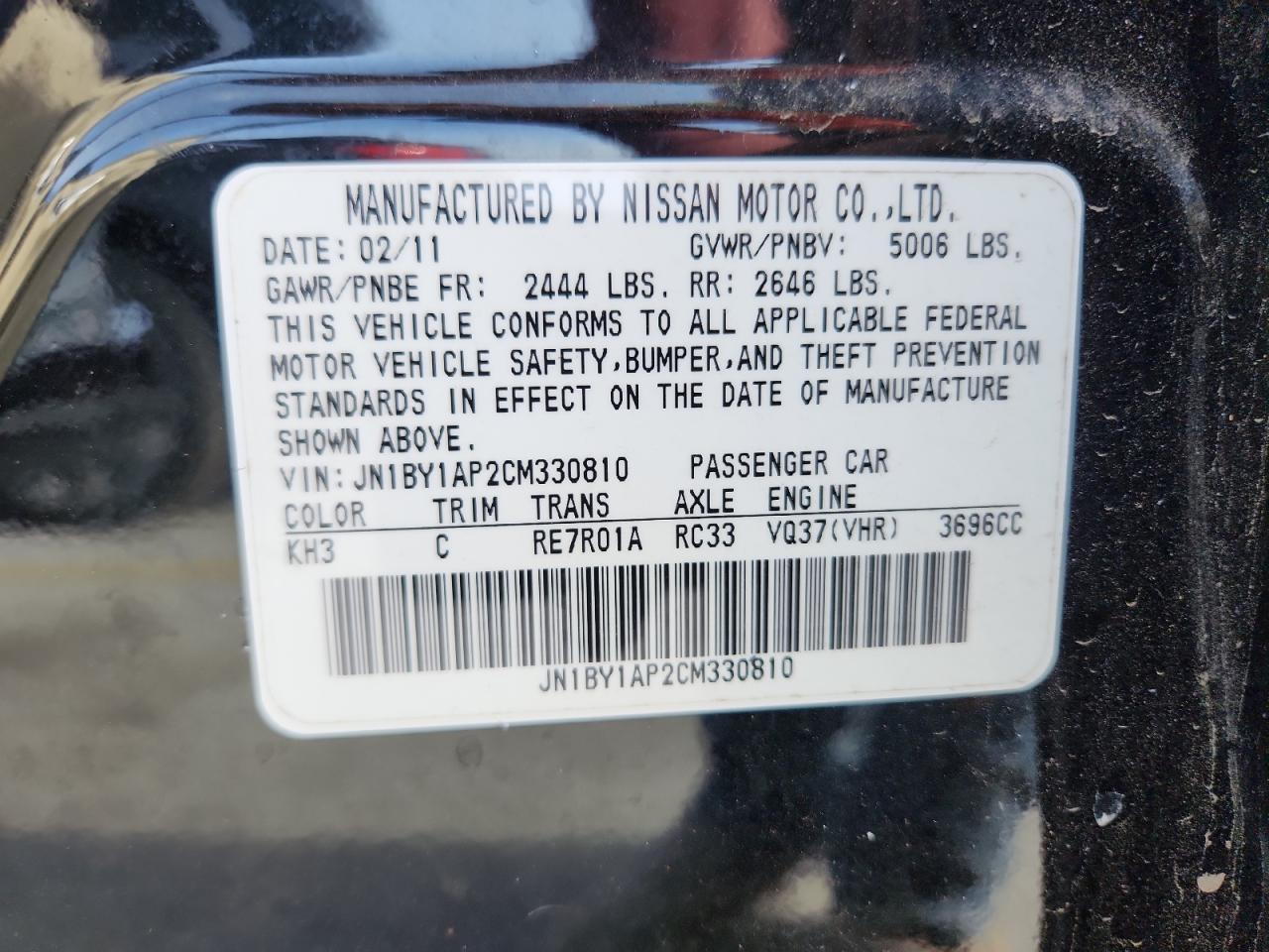 2012 Infiniti M37 VIN: JN1BY1AP2CM330810 Lot: 93432565