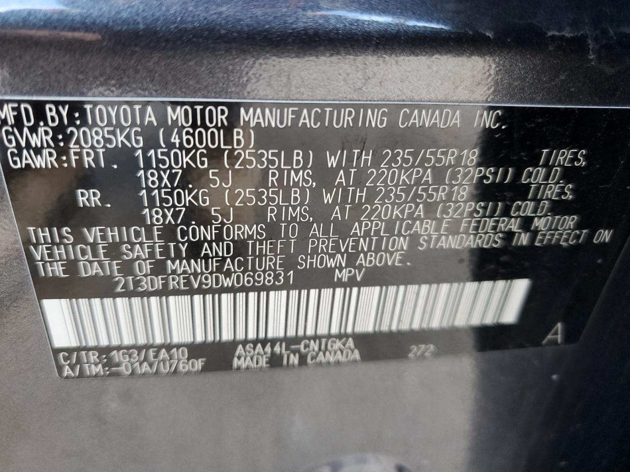 2013 Toyota Rav4 Limited VIN: 2T3DFREV9DW069831 Lot: 92701855