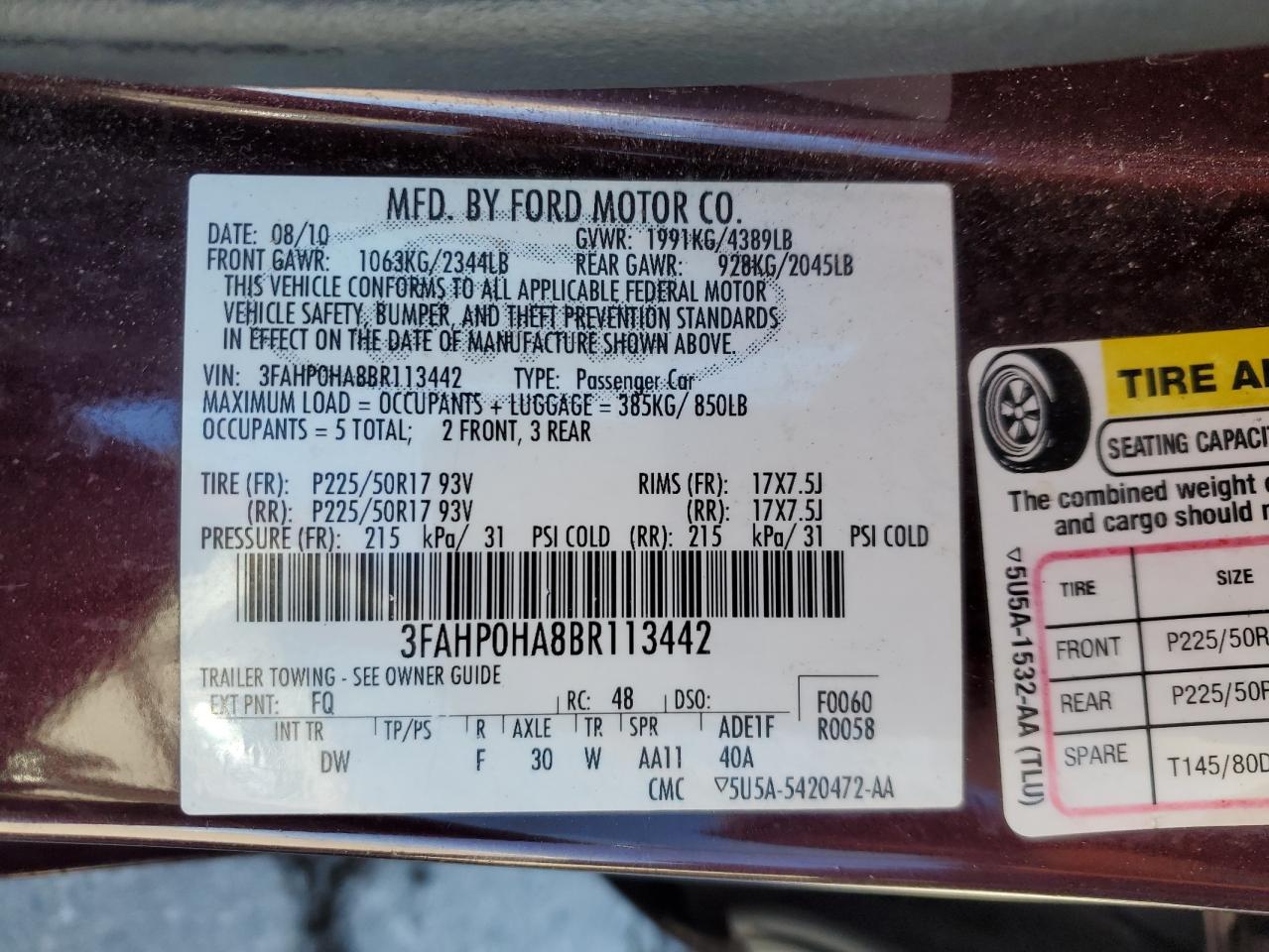 2011 Ford Fusion Se VIN: 3FAHP0HA8BR113442 Lot: 92054265