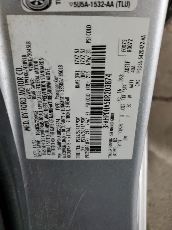 2011 Ford Fusion Se VIN: 3FAHP0HA5BR203874 Lot: 92101535