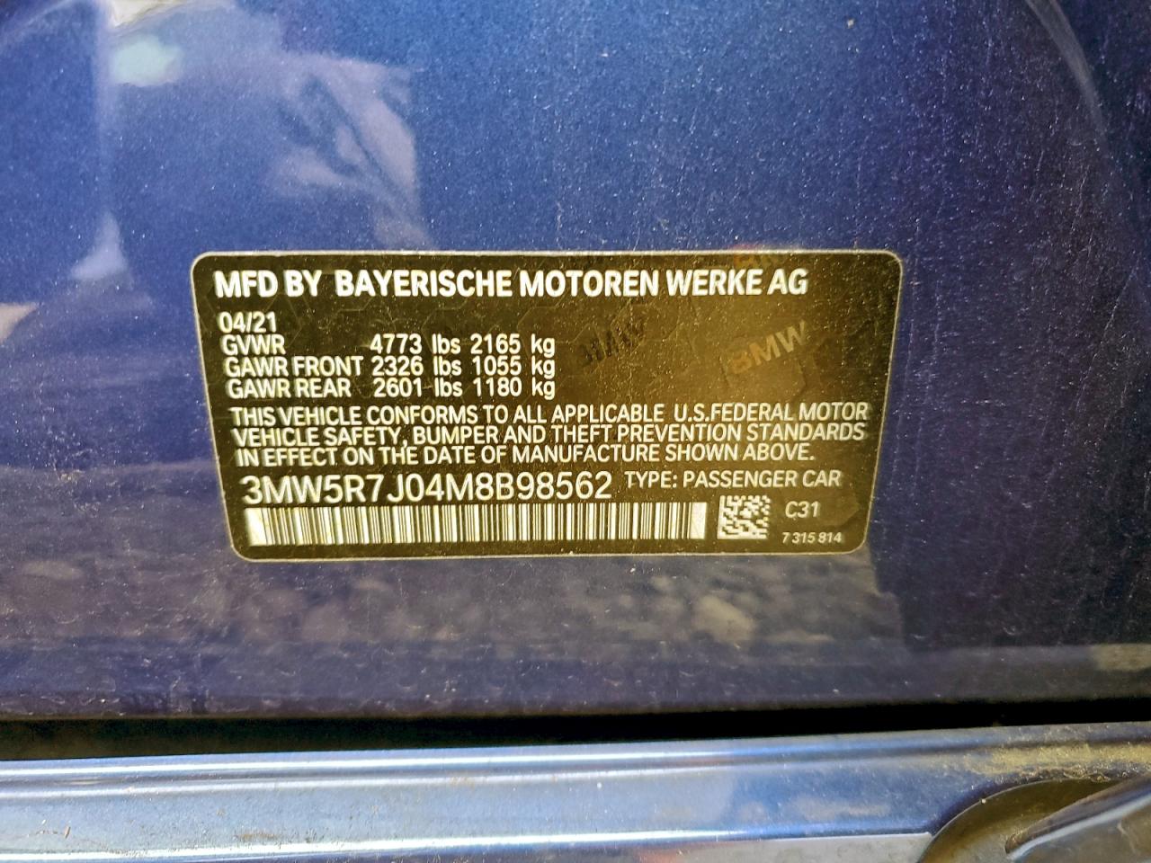 2021 BMW 330Xi VIN: 3MW5R7J04M8B98562 Lot: 93891755